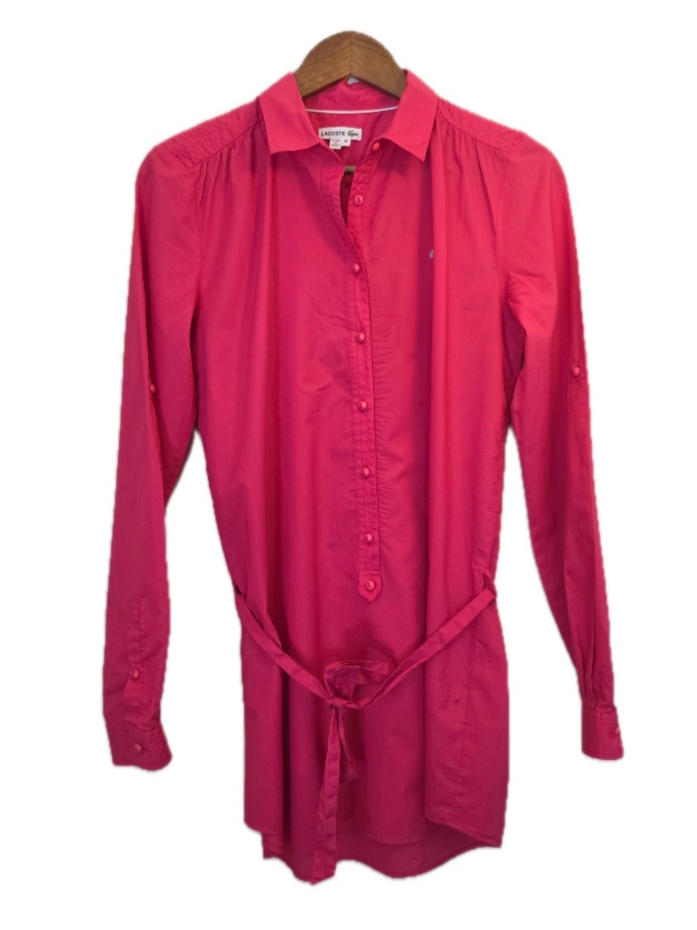 Lacoste Dress Womens 38 Pink Shirt Dress Long Sleeve Belted Collared Cotton